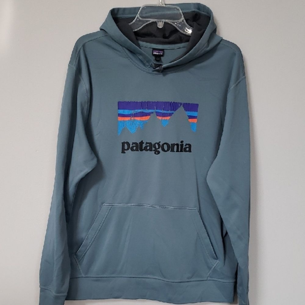 Patagonia Pullover Hoodie Mens L Oversized Slate Teal Mt Fitz Roy Logo Vintage